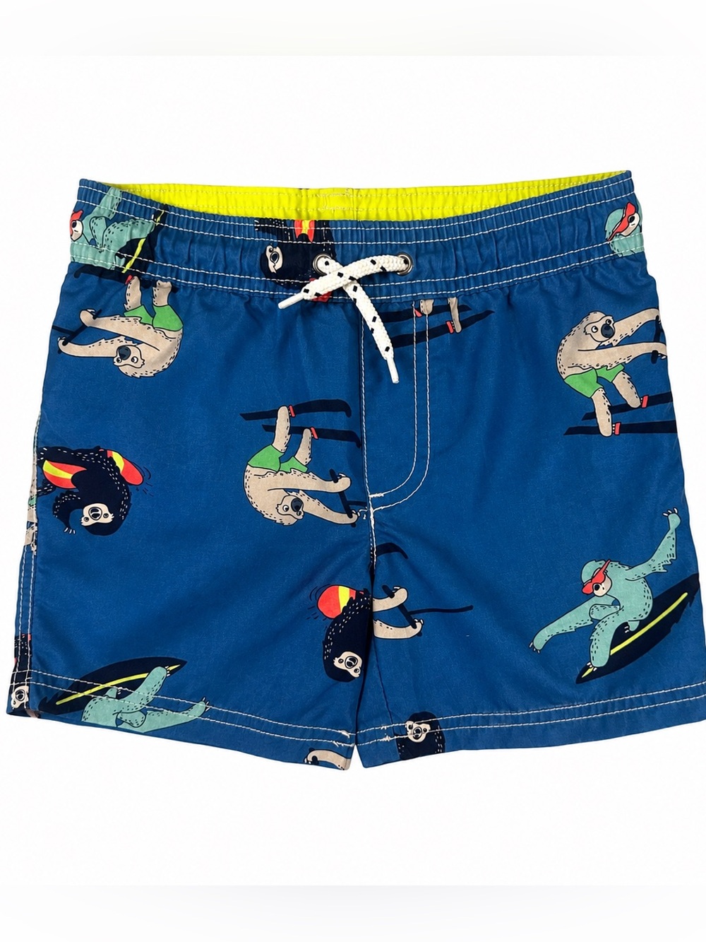 Blue Sloth Surf Print Swim Shorts with Yellow Waistband